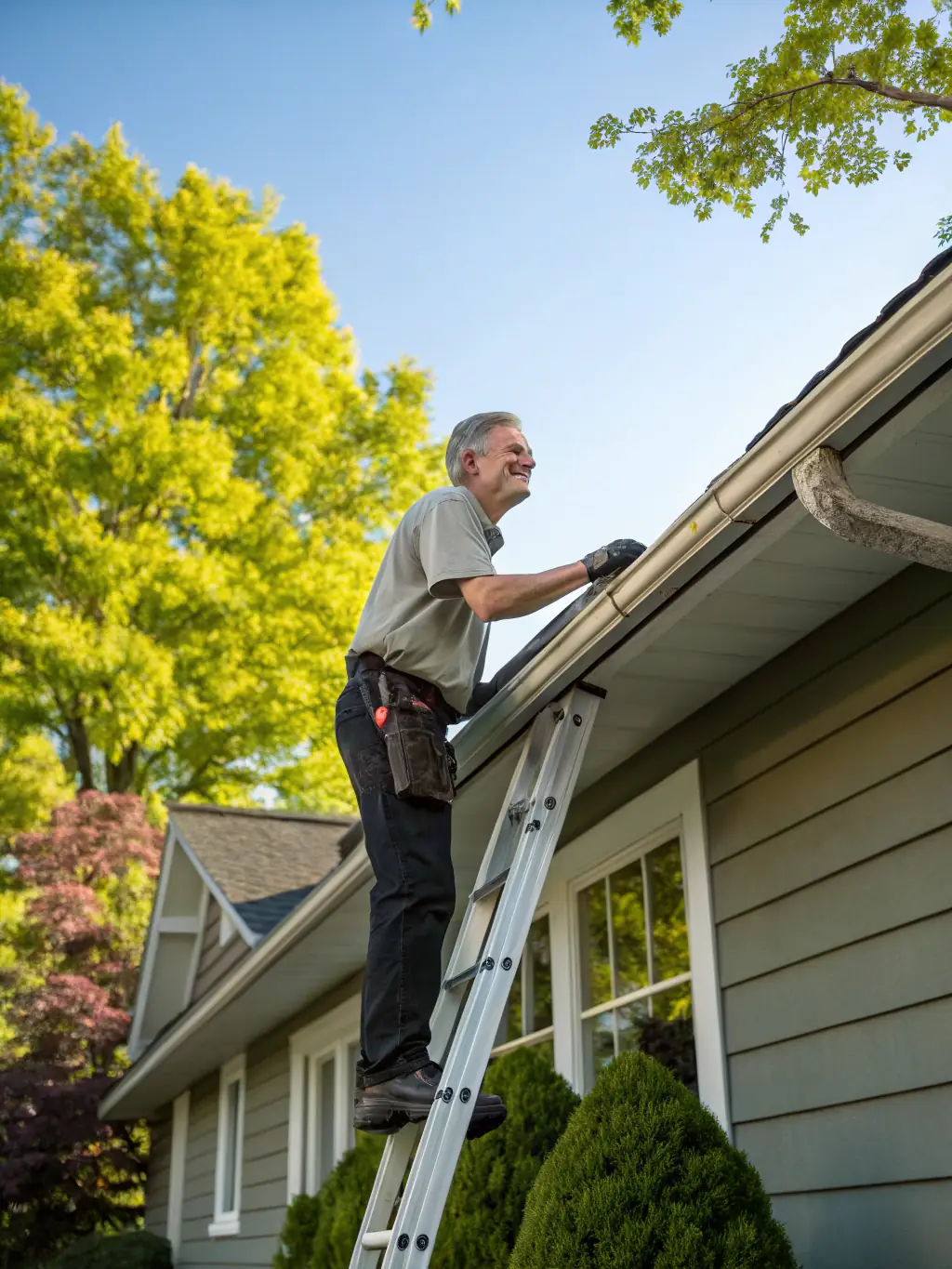 A homeowner smiling and relaxed, standing next to their home with LeafFilter installed, with a ladder leaning against a neighbor's unprotected gutter.