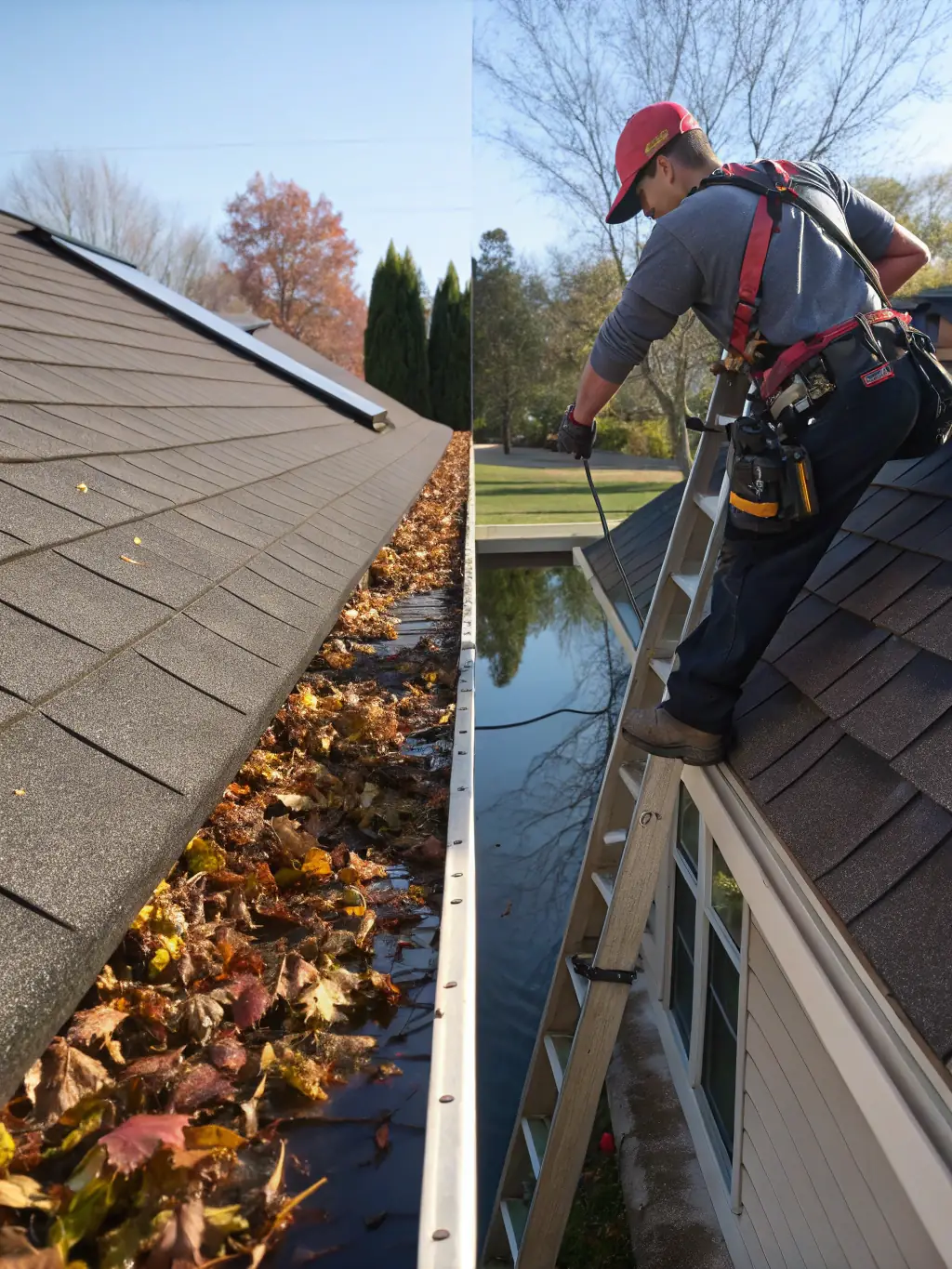 A before-and-after image showing a gutter filled with debris versus a clean gutter protected by LeafFilter, emphasizing the long-term value of the system.